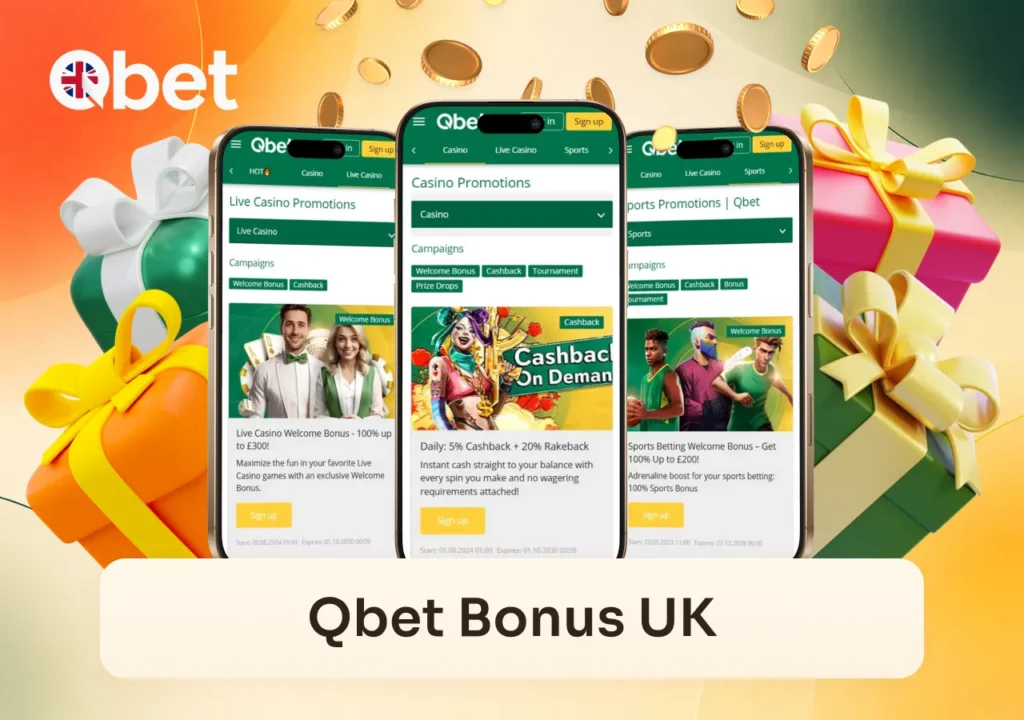 Qbet Casino bonus offers displayed across mobile devices with casino and sports promotions.