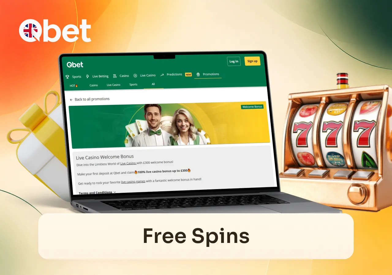 Qbet Casino showcases a welcome bonus with free spins on a laptop casino promotion page.